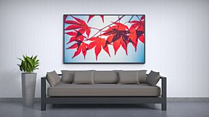 Πίνακας, ένα κοντινό πλάνο με κόκκινα φύλλα ενάντια σε έναν γαλάζιο ουρανό