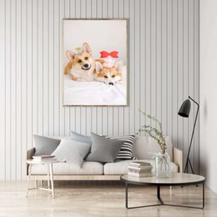 Πίνακας, μερικά σκυλιά ξαπλωμένα πάνω από ένα κρεβάτι