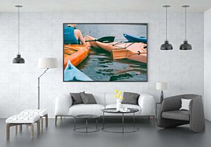 Πίνακας, ένα ζευγάρι καγιάκ κάθονται πάνω σε ένα υδάτινο σώμα