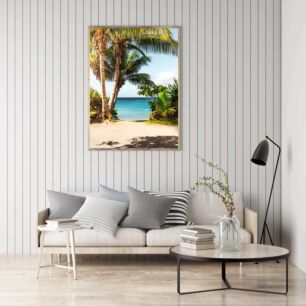 Πίνακας, μερικοί φοίνικες κάθονται πάνω από μια αμμώδη παραλία