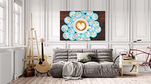 Πίνακας, ένα φλιτζάνι καφέ που κάθεται πάνω από ένα άσπρο πιατάκι