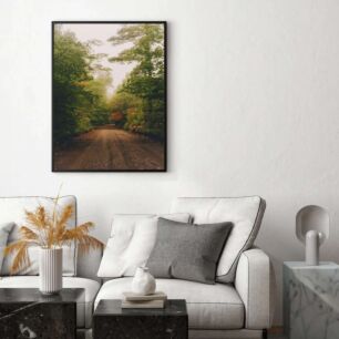 Πίνακας, ένας χωματόδρομος που περιβάλλεται από δέντρα μια ομιχλώδη μέρα