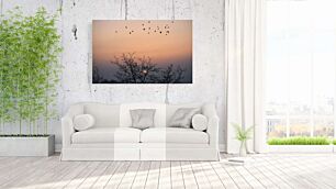 Πίνακας, ένα κοπάδι πουλιών που πετούν πάνω από ένα δέντρο το ηλιοβασίλεμα