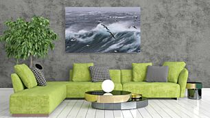 Πίνακας, ένα κοπάδι γλάρων που πετούν πάνω από ένα κύμα στον ωκεανό