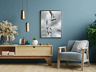 Πίνακας, ένα κοπάδι από γλάρους που πετούν μέσα από έναν συννεφιασμένο ουρανό