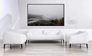Πίνακας, ένα ομιχλώδες βουνό με δέντρα και θάμνους στο προσκήνιο