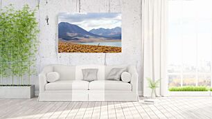 Πίνακας, μια καμηλοπάρδαλη στέκεται σε ένα χωράφι με βουνά στο βάθος