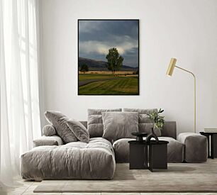 Πίνακας, ένα χορταριασμένο χωράφι με ένα δέντρο και βουνά στο βάθος