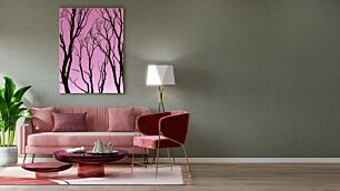 Πίνακας, μια ομάδα γυμνών δέντρων ενάντια σε έναν ροζ ουρανό