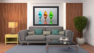 Πίνακας, μια ομάδα από πολύχρωμα αντικείμενα σε σχήμα διαμαντιού σε μια ανακλαστική επιφάνεια