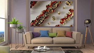 Πίνακας, μια ομάδα από χρυσά και κόκκινα αντικείμενα σε μια λευκή επιφάνεια