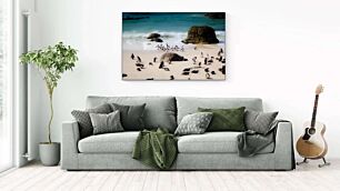 Πίνακας, μια ομάδα πιγκουίνων που στέκονται στην κορυφή μιας αμμώδους παραλίας