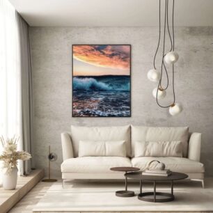Πίνακας, ένα μεγάλο κύμα στον ωκεανό με ένα ηλιοβασίλεμα στο βάθος