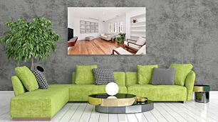 Πίνακας, ένα σαλόνι γεμάτο με έπιπλα και μια τηλεόραση επίπεδης οθόνης