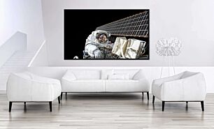 Πίνακας, ένας άνδρας με διαστημική στολή δίπλα σε έναν δορυφόρο
