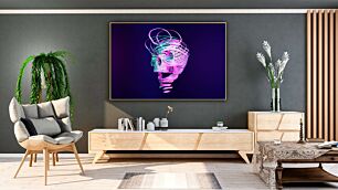 Πίνακας, ένα νέον γλυπτό ανθρώπινου κεφαλιού σε μωβ φόντο