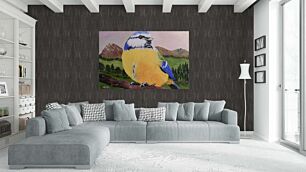 Πίνακας, μια ζωγραφιά ενός μπλε και κίτρινου πουλιού σε ένα κλαδί