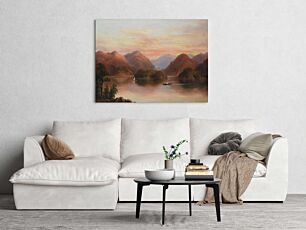 Πίνακας, ένας πίνακας ενός σκάφους σε μια λίμνη με βουνά στο βάθος