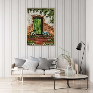 Πίνακας, μια ζωγραφιά ενός κτιρίου από τούβλα με μια πράσινη πόρτα