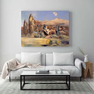 Πίνακας, μια ζωγραφιά ενός τοπίου με δέντρα και βουνά στο βάθος