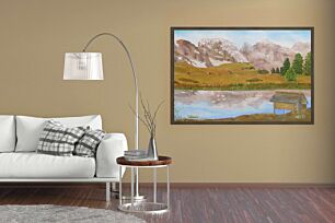Πίνακας, ένας πίνακας μιας ορεινής λίμνης με μια καμπίνα στο προσκήνιο