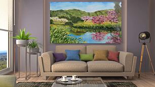 Πίνακας, μια ζωγραφιά μιας λίμνης με ροζ λουλούδια