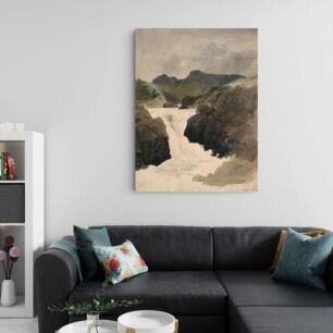 Πίνακας, ένας πίνακας ενός καταρράκτη με βουνά στο βάθος