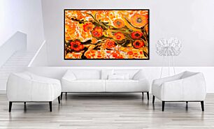 Πίνακας, μια ζωγραφιά με πορτοκαλί και κόκκινα λουλούδια σε λευκό φόντο