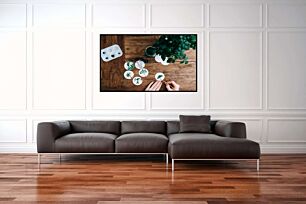Πίνακας, ένα άτομο που κρατά ένα ζευγάρι ξυλάκια δίπλα σε ένα φυτό σε γλάστρα