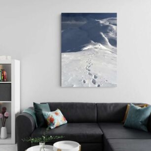 Πίνακας, άτομο που περπατά στην πλαγιά ενός χιονισμένου βουνού