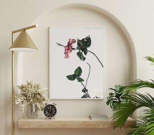 Πίνακας, ένα ροζ λουλούδι με πράσινα φύλλα σε ένα κλαδί