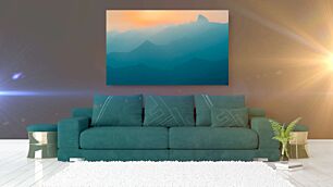 Πίνακας, ένα αεροπλάνο που πετά πάνω από μια οροσειρά το ηλιοβασίλεμα