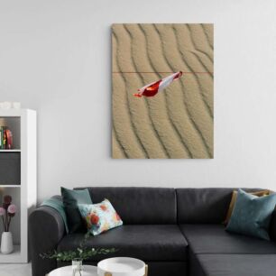 Πίνακας, ένας κόκκινος και λευκός χαρταετός που πετάει πάνω από μια αμμώδη παραλία