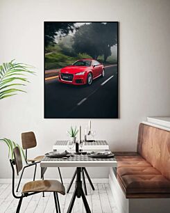 Πίνακας, ένα κόκκινο αυτοκίνητο που οδηγεί σε έναν δρόμο δίπλα σε δέντρα