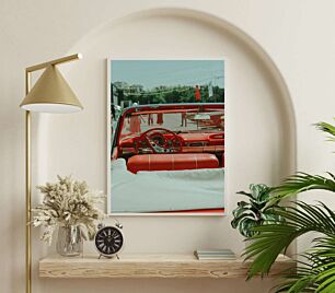 Πίνακας, ένα κόκκινο αυτοκίνητο με τιμόνι και ταμπλό