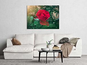 Πίνακας, ένα κόκκινο τριαντάφυλλο κάθεται πάνω από ένα πράσινο δέντρο