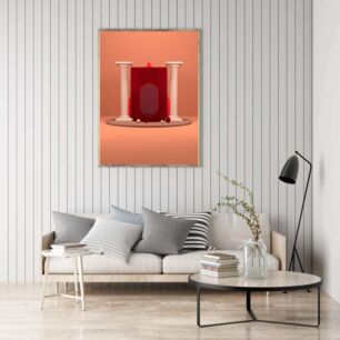 Πίνακας, ένα κόκκινο ηχείο που κάθεται πάνω από ένα βάθρο