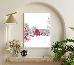 Πίνακας, ένα κόκκινο δέντρο στη μέση ενός χιονισμένου πάρκου