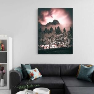 Πίνακας, ένα χιονισμένο δάσος με ένα βουνό στο παρασκήνιο