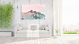 Πίνακας, ένα χιονισμένο βουνό με ροζ ουρανό στο βάθος