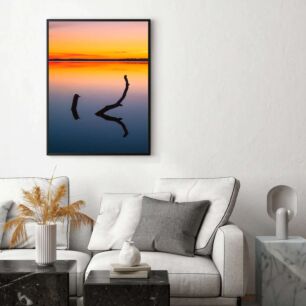 Πίνακας, ένα κλαδί δέντρου που βγαίνει έξω από το νερό το ηλιοβασίλεμα
