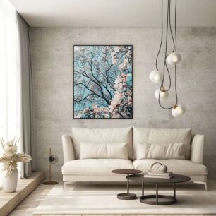 Πίνακας, ένα δέντρο με λευκά λουλούδια ενάντια σε έναν γαλάζιο ουρανό