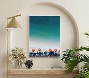 Πίνακας, εναέρια άποψη παραλίας με πορτοκαλί ομπρέλες