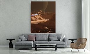 Πίνακας, απόδοση ενός καλλιτέχνη ενός διαστημικού λεωφορείου που πετά πάνω από ένα τοπίο της ερήμου