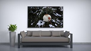 Πίνακας, ένα στολίδι που κρέμεται από ένα δέντρο καλυμμένο με χιόνι
