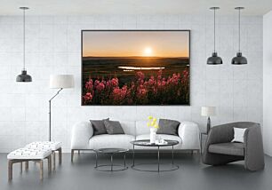 Πίνακας, ο ήλιος δύει πάνω από ένα χωράφι με λουλούδια