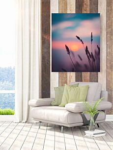 Πίνακας, ο ήλιος δύει πάνω από ένα χωράφι με ψηλό γρασίδι