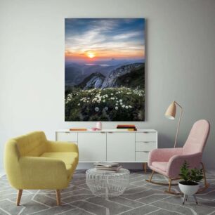 Πίνακας, ο ήλιος δύει πάνω από τα βουνά με λουλούδια σε πρώτο πλάνο