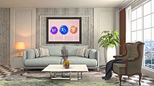 Πίνακας, τρία γλειφιτζούρια με σύμβολα bitcoin