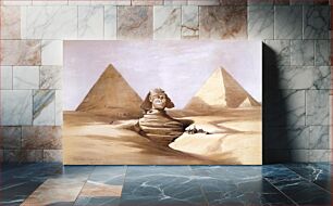 Πίνακας, 19th century painting of Sphinx of Giza, partly under sand, with two pyramids in the background